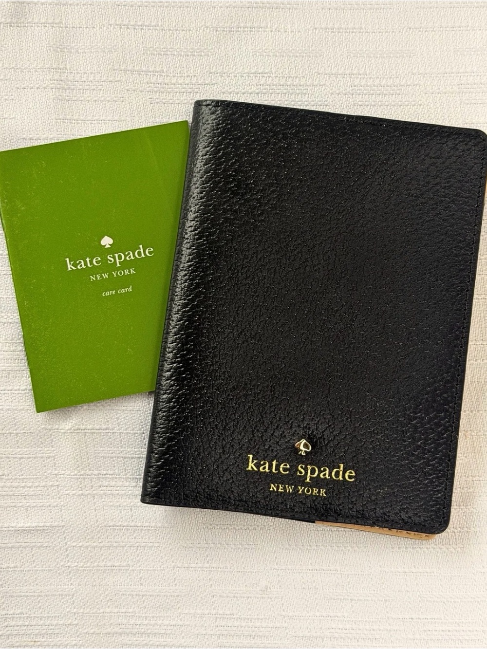 Kate Spade New York Black Leather Passport Holder Travel Wallet w/ Care Card